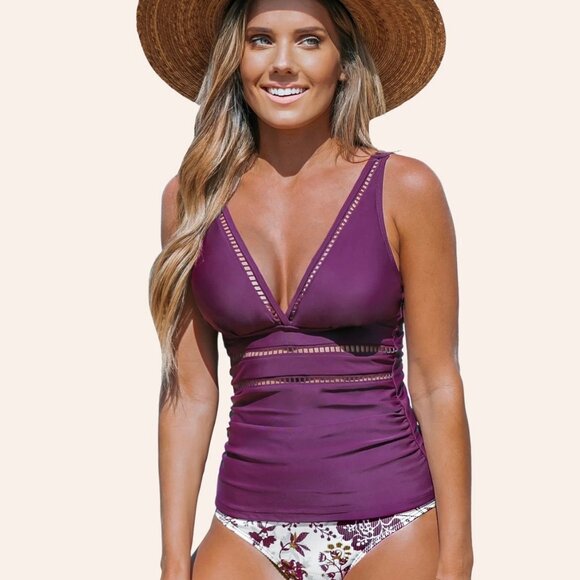 CUPSHE Purple V-Neck Cut-Out Pattern Tankini Adjustable Straps Hook Back Size Sm - Picture 16 of 16